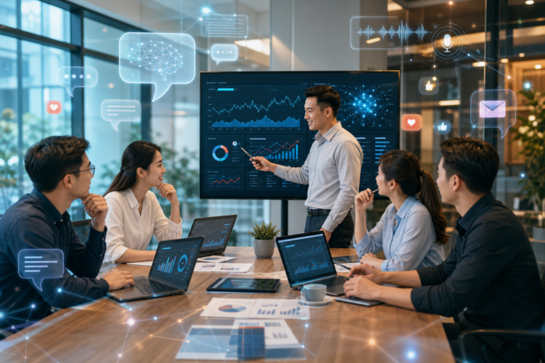 Đội ngũ marketing phân tích dữ liệu AI và quảng cáo hội thoại