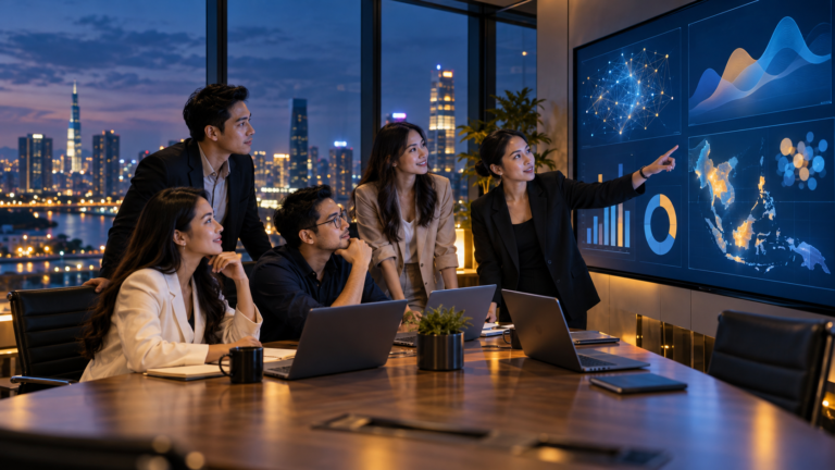 Đội ngũ marketing xây dựng chiến lược quảng cáo và ứng dụng AI tại doanh nghiệp Đông Nam Á