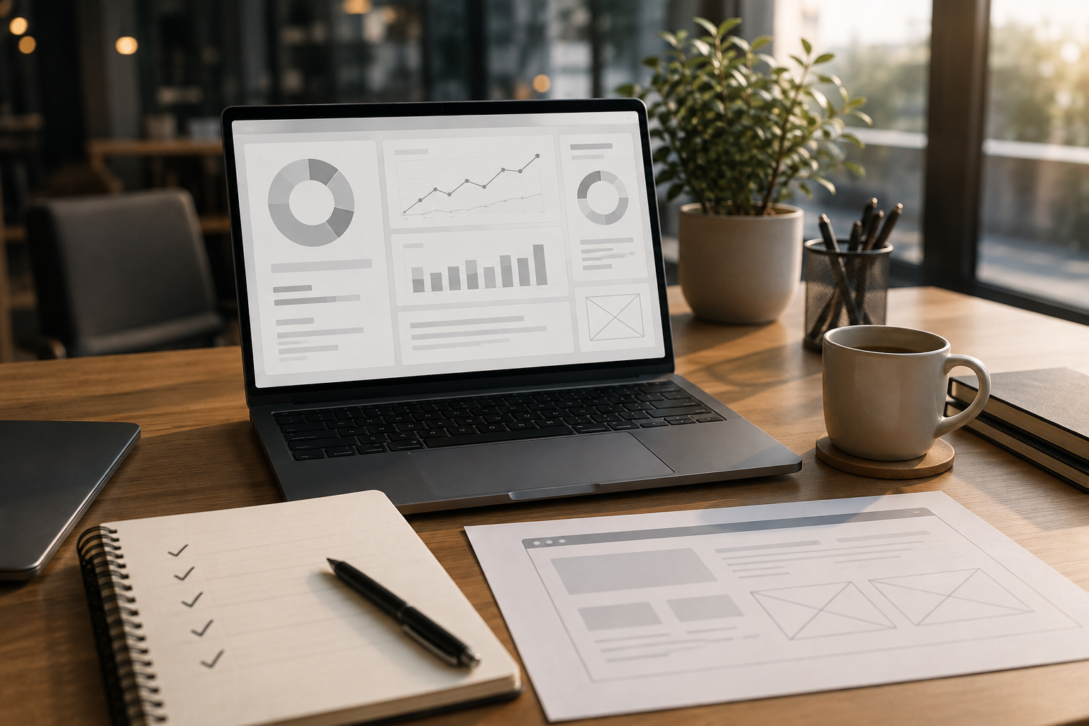 Bàn làm việc với bảng kiểm SEO Onpage trên màn hình máy tính