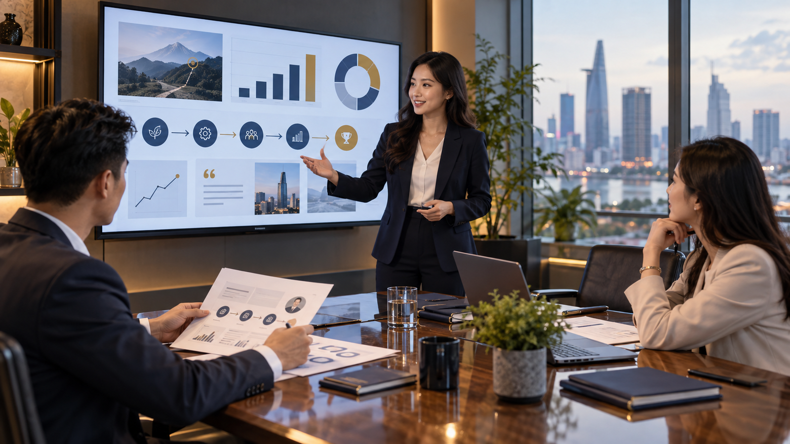 Đội ngũ marketing trình bày khung case study trong cuộc họp kinh doanh