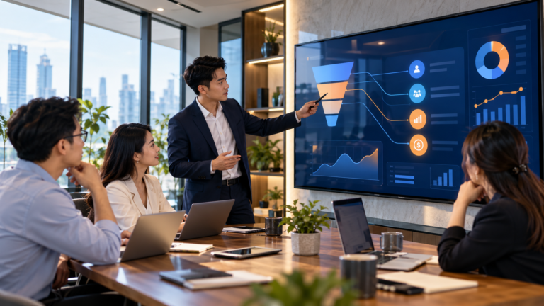 Đội ngũ marketing phân tích dashboard đo hiệu quả content từ lưu lượng đến doanh thu