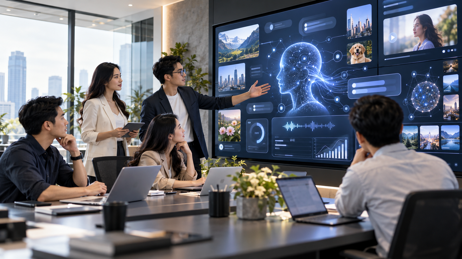 Đội ngũ marketing phân tích giao diện AI tương tác trong chiến lược số