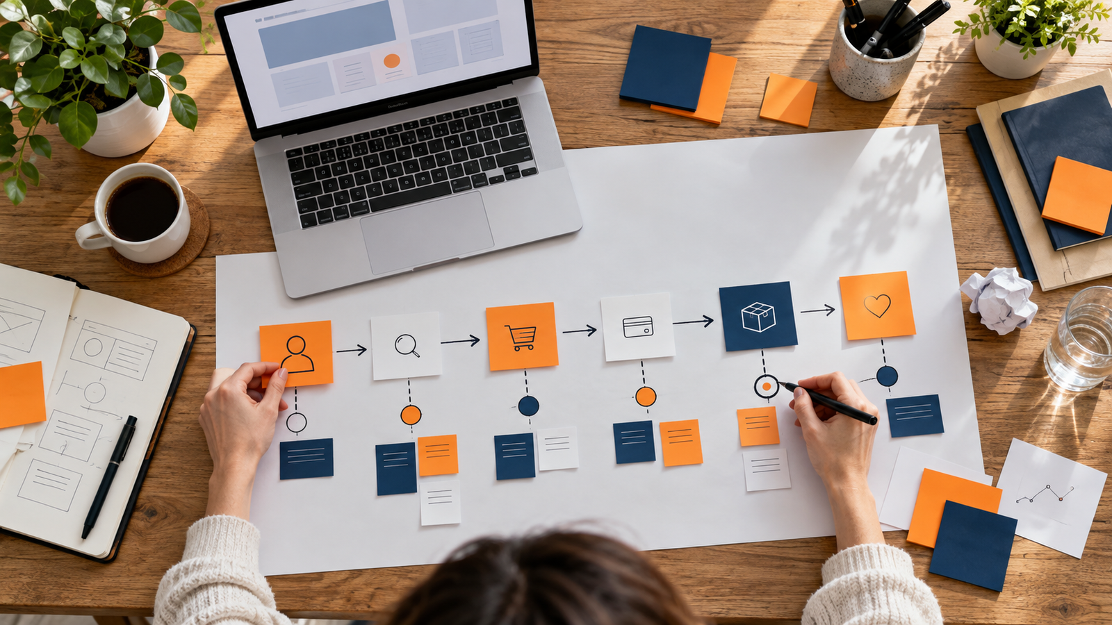 Bàn làm việc với các điểm chạm trong workshop xây Customer Journey Map