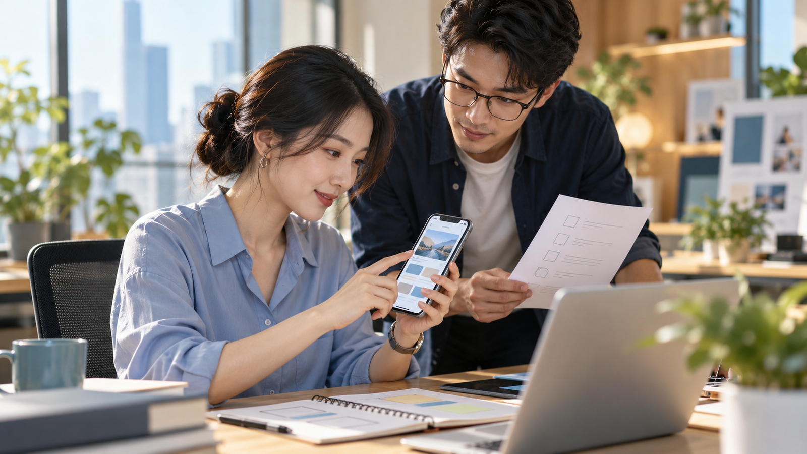 UX researcher kiểm thử trải nghiệm website mobile-first trên thiết bị di động.
