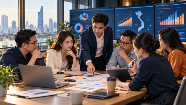 Ảnh phân tích Marketing Mix Modeling đa kênh trong phòng họp doanh nghiệp.